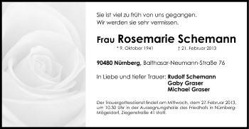 Traueranzeige von Rosemarie Schemann von Gesamtausgabe Nürnberger Nachrichten/ Nürnberger Ztg.