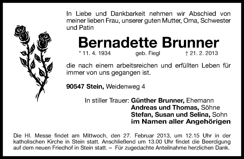  Traueranzeige für Bernadette Brunner vom 25.02.2013 aus Gesamtausgabe Nürnberger Nachrichten/ Nürnberger Ztg.