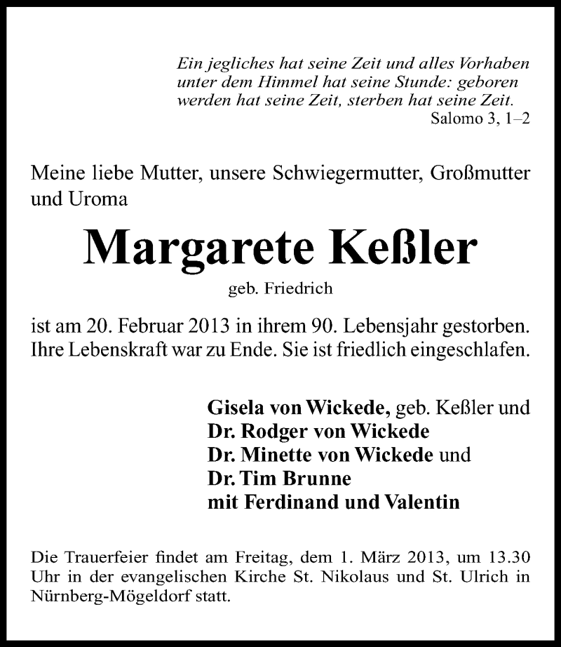  Traueranzeige für Margarete Keßler vom 25.02.2013 aus Gesamtausgabe Nürnberger Nachrichten/ Nürnberger Ztg.