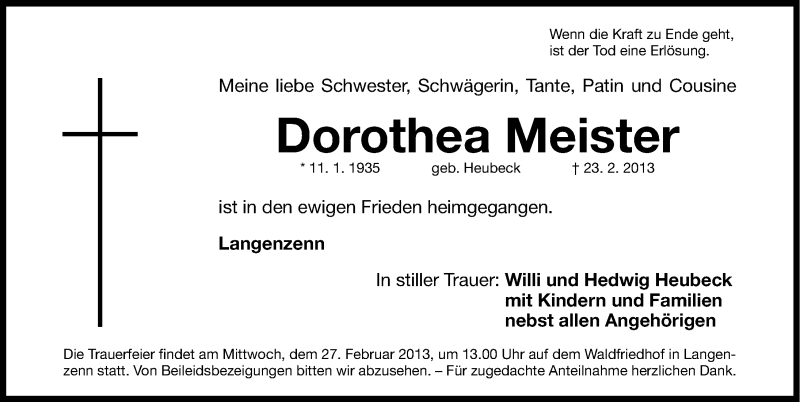  Traueranzeige für Dorothea Meister vom 25.02.2013 aus Fürther Nachrichten Lokal