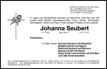 Traueranzeige von Johanna Seubert von Nordbayerische Nachrichten Herzogenaurach Lokal