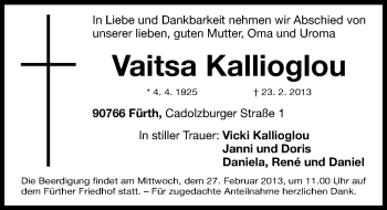 Traueranzeige von Vaitsa Kallioglou von Fürther Nachrichten Lokal