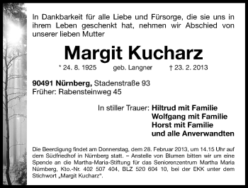 Traueranzeige von Margit Kucharz von Gesamtausgabe Nürnberger Nachrichten/ Nürnberger Ztg.