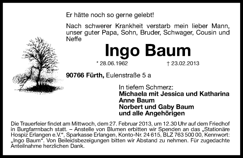  Traueranzeige für Ingo Baum vom 26.02.2013 aus Fürther Nachrichten Lokal