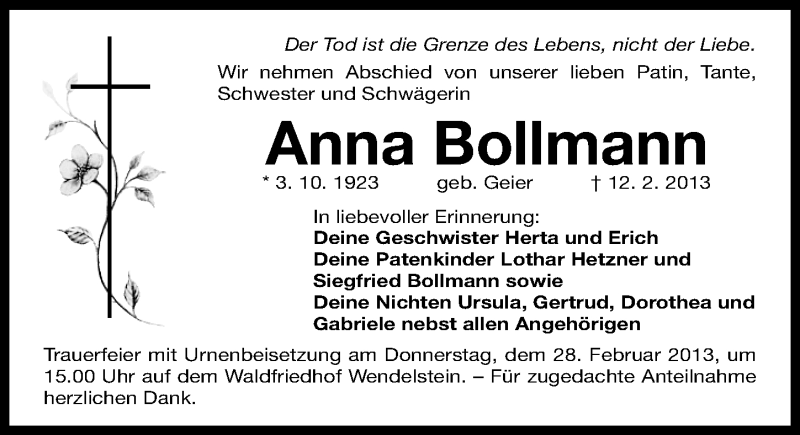  Traueranzeige für Anna Bollmann vom 26.02.2013 aus Gesamtausgabe Nürnberger Nachrichten/ Nürnberger Ztg.