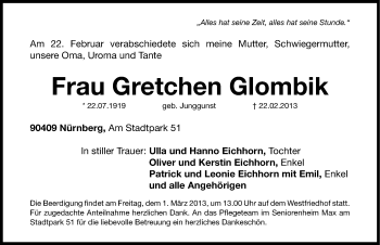 Traueranzeige von Gretchen Glombik von Gesamtausgabe Nürnberger Nachrichten/ Nürnberger Ztg.
