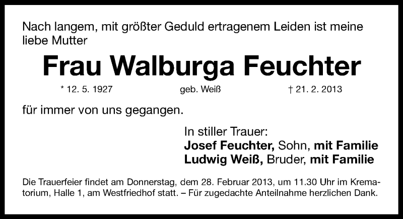  Traueranzeige für Walburga Feuchter vom 26.02.2013 aus Gesamtausgabe Nürnberger Nachrichten/ Nürnberger Ztg.