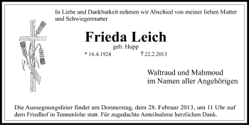 Traueranzeige von Frieda Leich von Erlanger Nachrichten Lokal