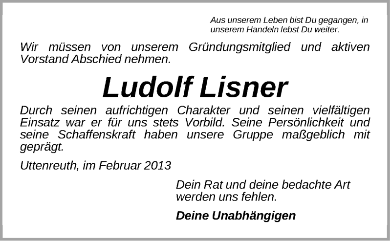  Traueranzeige für Ludolf Lisner vom 26.02.2013 aus Erlanger Nachrichten Lokal