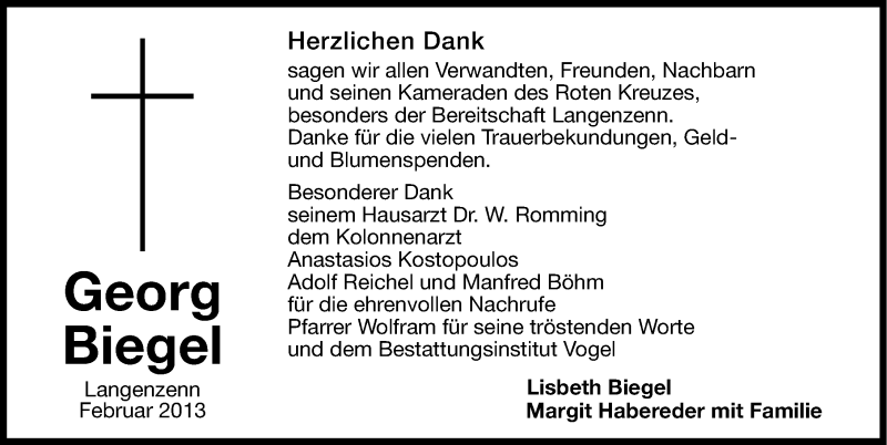  Traueranzeige für Georg Biegel vom 26.02.2013 aus Fürther Nachrichten Lokal