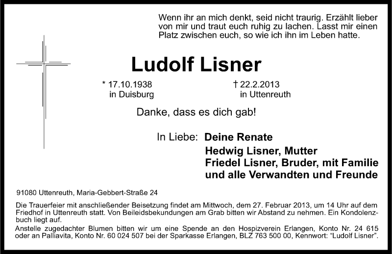  Traueranzeige für Ludolf Lisner vom 26.02.2013 aus Erlanger Nachrichten Lokal