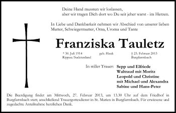 Traueranzeige von Franziska Tauletz von Fürther Nachrichten Lokal