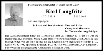 Traueranzeige von Karl Langfritz von Erlanger Nachrichten Lokal