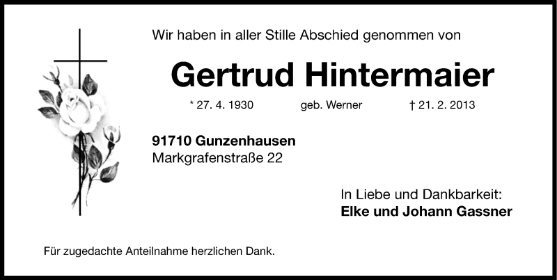  Traueranzeige für Gertrud Hintermaier vom 27.02.2013 aus Gesamtausgabe Nürnberger Nachrichten/ Nürnberger Ztg.