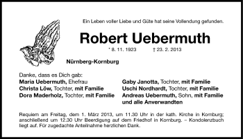 Traueranzeige von Robert Uebermuth von Gesamtausgabe Nürnberger Nachrichten/ Nürnberger Ztg.