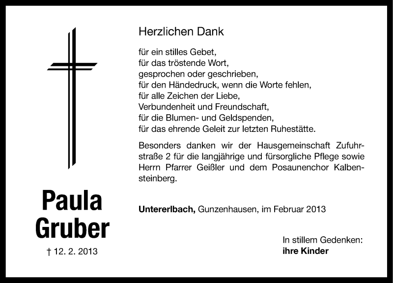  Traueranzeige für Paula Gruber vom 27.02.2013 aus Altmühl-Bote Lokal