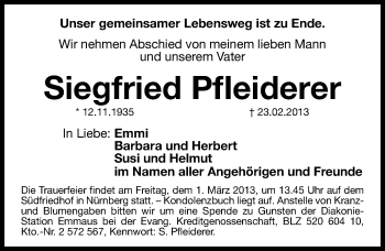 Traueranzeige von Siegfried Pfleiderer von Gesamtausgabe Nürnberger Nachrichten/ Nürnberger Ztg.