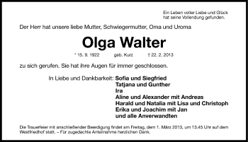 Traueranzeige von Olga Walter von Gesamtausgabe Nürnberger Nachrichten/ Nürnberger Ztg.