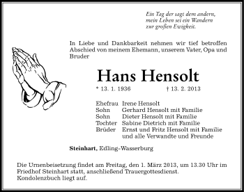 Traueranzeige von Hans Hensolt von Altmühl-Bote Lokal