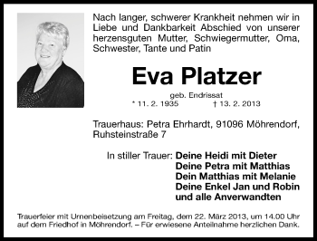 Traueranzeige von Eva Platzer von Gesamtausgabe Nürnberger Nachrichten/ Nürnberger Ztg.
