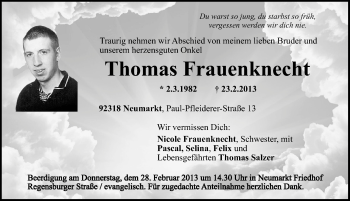 Traueranzeige von Thomas Frauenknecht von Neumarkter Nachrichten Lokal
