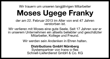 Traueranzeige von Moses Ugege Franky  von Gesamtausgabe Nürnberger Nachrichten/ Nürnberger Ztg.