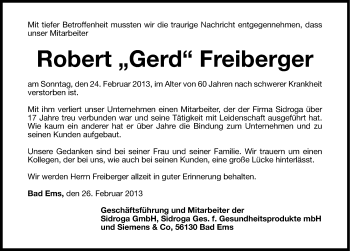 Traueranzeige von Robert Freiberger von Fürther Nachrichten Lokal