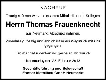 Traueranzeige von Thomas Frauenknecht von Neumarkter Nachrichten Lokal