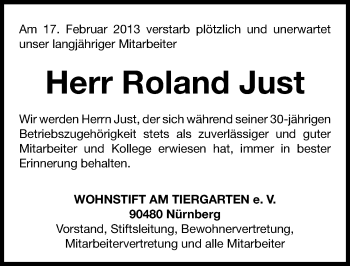 Traueranzeige von Roland Just von Gesamtausgabe Nürnberger Nachrichten/ Nürnberger Ztg.