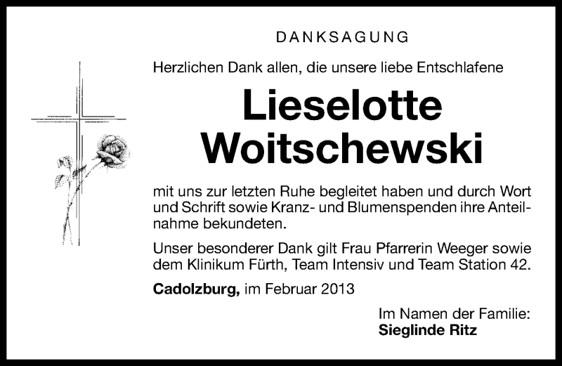  Traueranzeige für Lieselotte Woitschewski vom 01.03.2013 aus Fürther Nachrichten Lokal