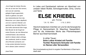 Traueranzeige von Else Kriebel von Nordbayerische Nachrichten Forchheim Lokal