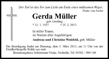 Traueranzeige von Gerda Müller von Gesamtausgabe Nürnberger Nachrichten/ Nürnberger Ztg.