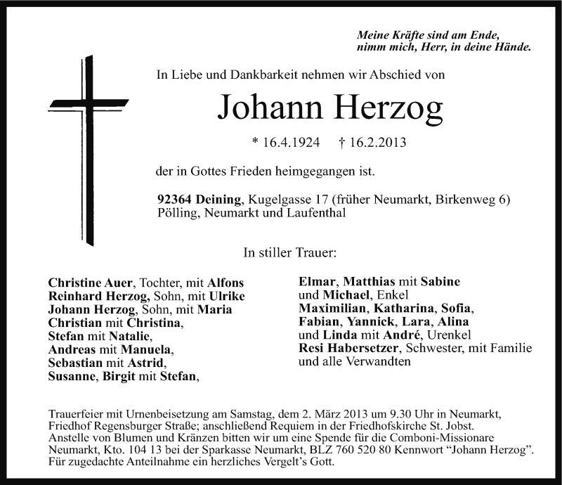  Traueranzeige für Johann Herzog vom 01.03.2013 aus Neumarkter Nachrichten Lokal
