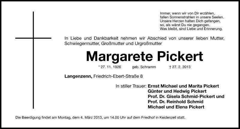  Traueranzeige für Margarete Pickert vom 01.03.2013 aus Fürther Nachrichten Lokal