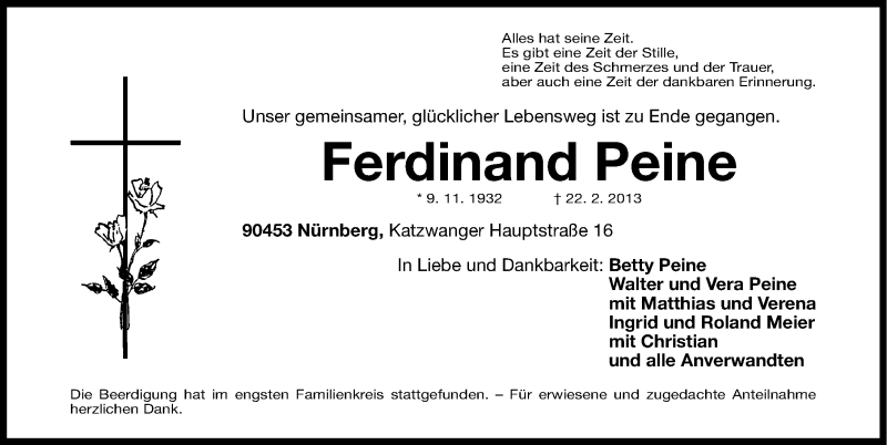  Traueranzeige für Ferdinand Peine vom 02.03.2013 aus Gesamtausgabe Nürnberger Nachrichten/ Nürnberger Ztg.
