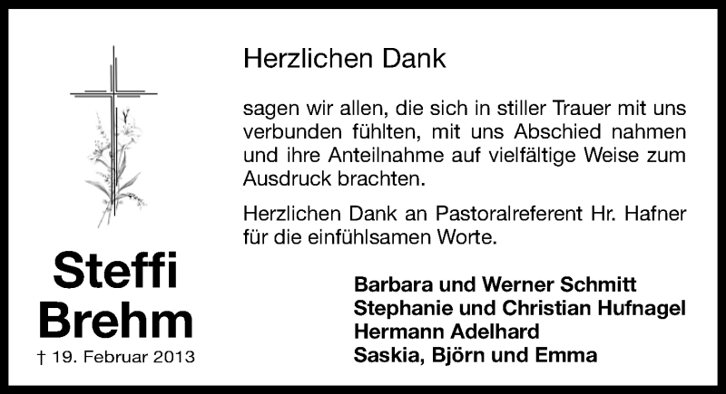  Traueranzeige für Steffi Brehm vom 02.03.2013 aus Fürther Nachrichten Lokal