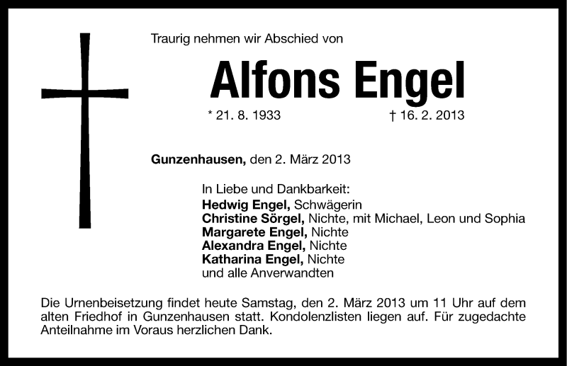  Traueranzeige für Alfons Engel vom 02.03.2013 aus Altmühl-Bote Lokal