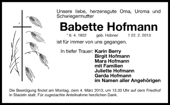 Traueranzeige von Babette Hofmann von Fürther Nachrichten Lokal