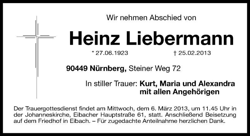  Traueranzeige für Heinz Liebermann vom 02.03.2013 aus Gesamtausgabe Nürnberger Nachrichten/ Nürnberger Ztg.