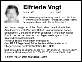 Traueranzeige von Elfriede Vogt von Roth-Hilpoltsteiner Volkszeitung Lokal