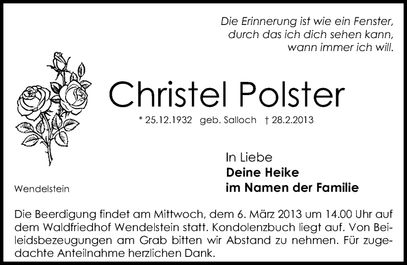  Traueranzeige für Christel Polster vom 04.03.2013 aus Gesamtausgabe Nürnberger Nachrichten/ Nürnberger Ztg.