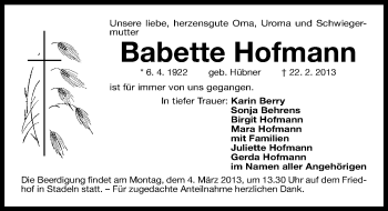 Traueranzeige von Babette Hofmann von Fürther Nachrichten Lokal