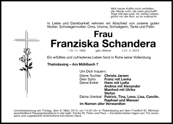 Traueranzeige von Franziska Schandera von Roth-Hilpoltsteiner Volkszeitung Lokal