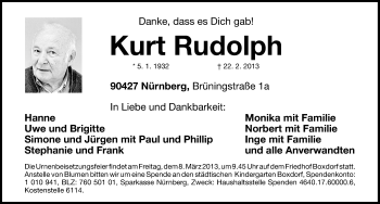 Traueranzeige von Kurt Rudolph von Gesamtausgabe Nürnberger Nachrichten/ Nürnberger Ztg.