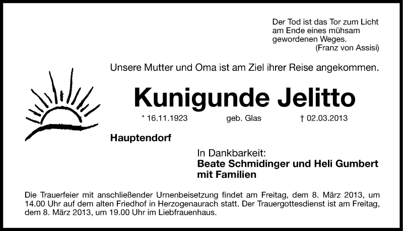  Traueranzeige für Kunigunde Jelitto vom 06.03.2013 aus Nordbayerische Nachrichten Herzogenaurach Lokal