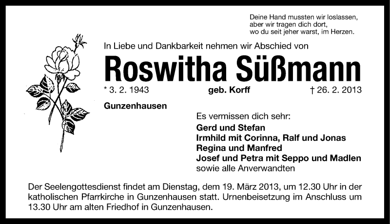  Traueranzeige für Roswitha Süßmann vom 06.03.2013 aus Altmühl-Bote Lokal