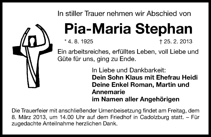  Traueranzeige für Pia-Maria Stephan vom 06.03.2013 aus Fürther Nachrichten Lokal