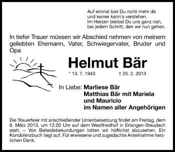 Traueranzeige von Helmut Bär von Erlanger Nachrichten Lokal