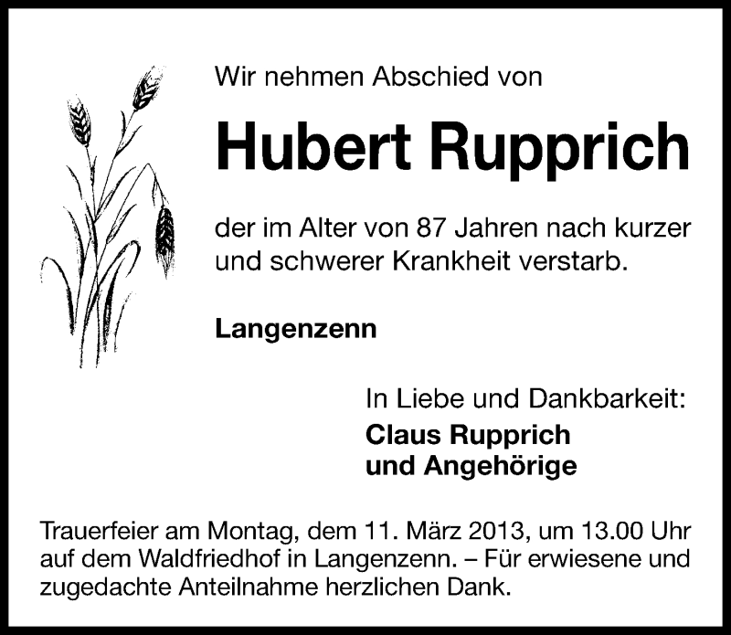  Traueranzeige für Hubert Rupprich vom 08.03.2013 aus Fürther Nachrichten Lokal
