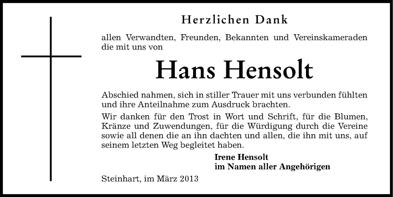  Traueranzeige für Hans Hensolt vom 08.03.2013 aus Altmühl-Bote Lokal